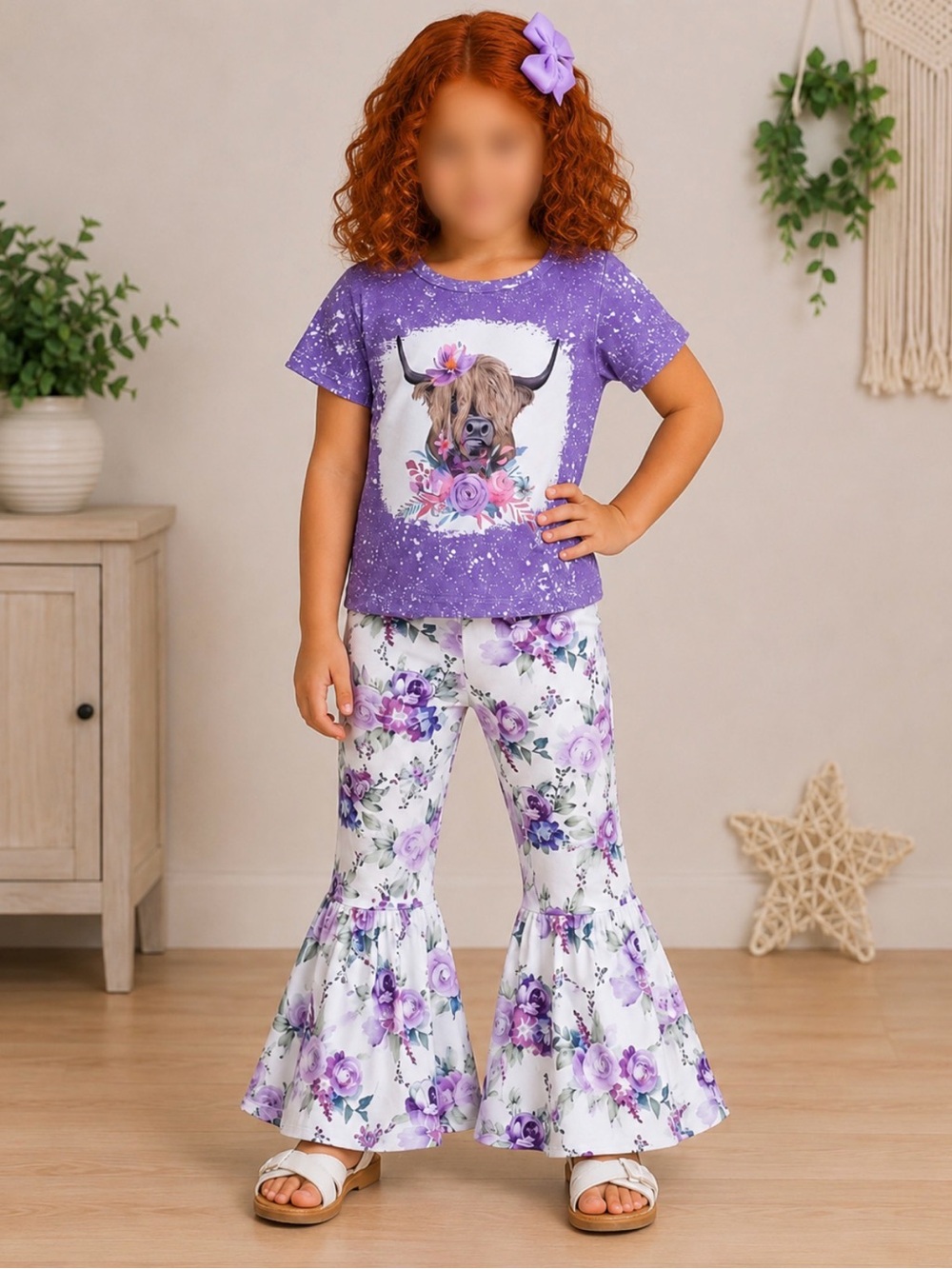 Girls Boutique Purple Highland Cow Graphic Top & Floral Bell Bottom Pants Set